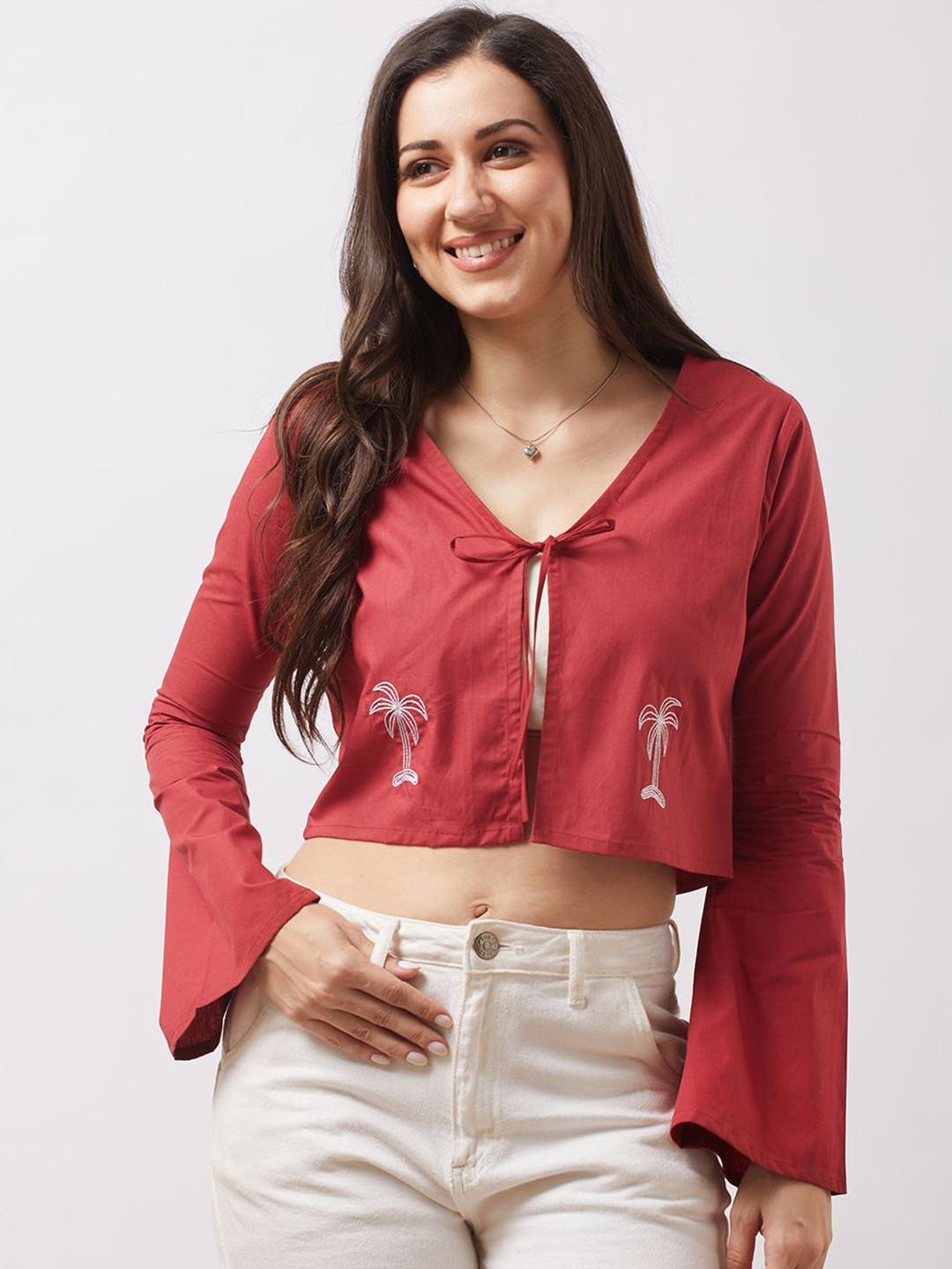 Globus Tie-Up V-Neck Bell Sleeves Embroidered Detail Front Open Crop Top