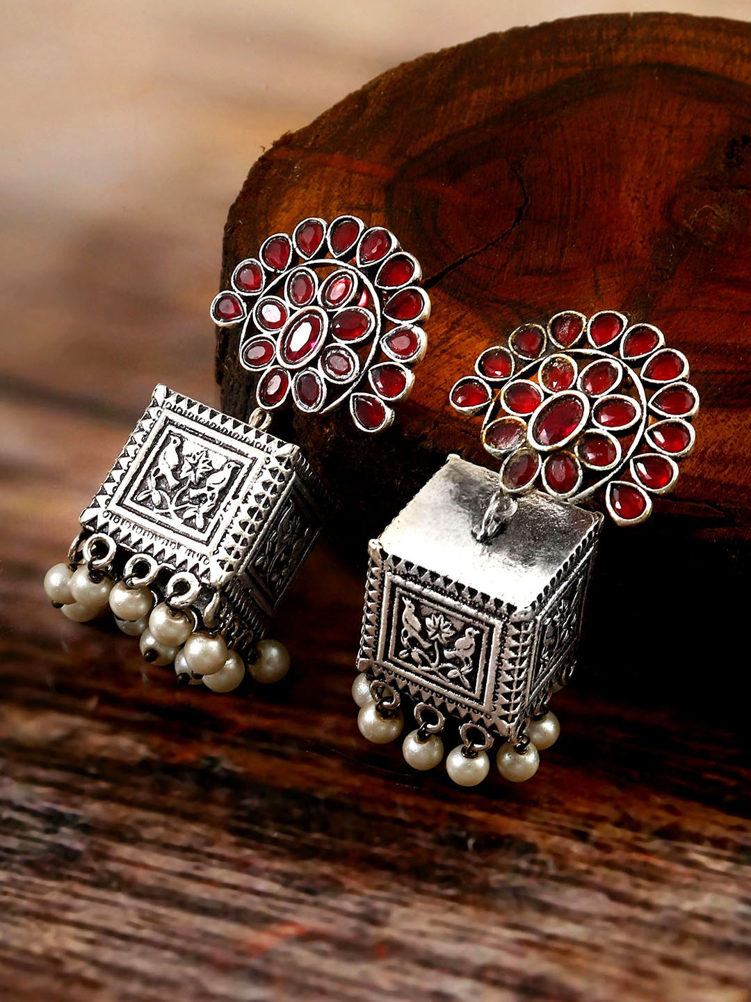 Tanusha Jewels Silver-Plated Pearls Beaded Artificial Stones Studded Oxidised Jhumkas