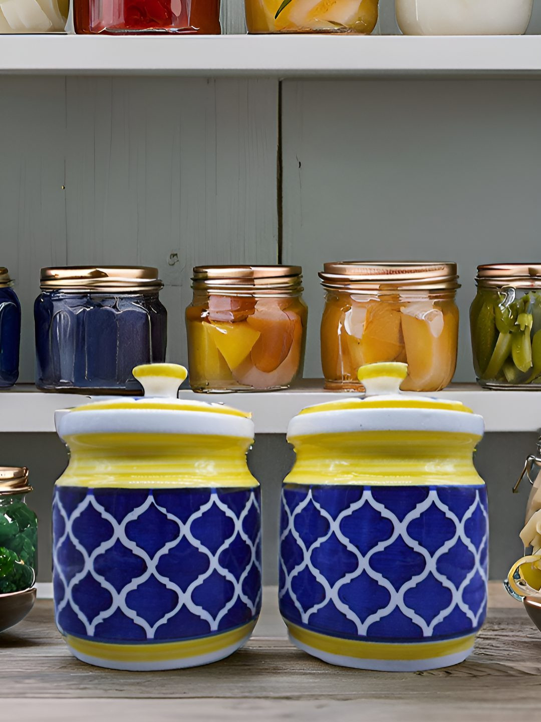 Kraftlik Handicraft 29-Pj1-Np2 Yellow Argyle Ceramic Easy To Clean 2 Piece Flip Top Canister-1L