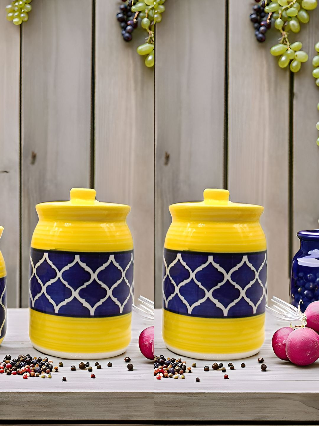 Kraftlik Handicraft 23-Pj-Np-1010 Yellow Argyle Ceramic Easy To Clean 2 Piece Clip-On Canister-1L