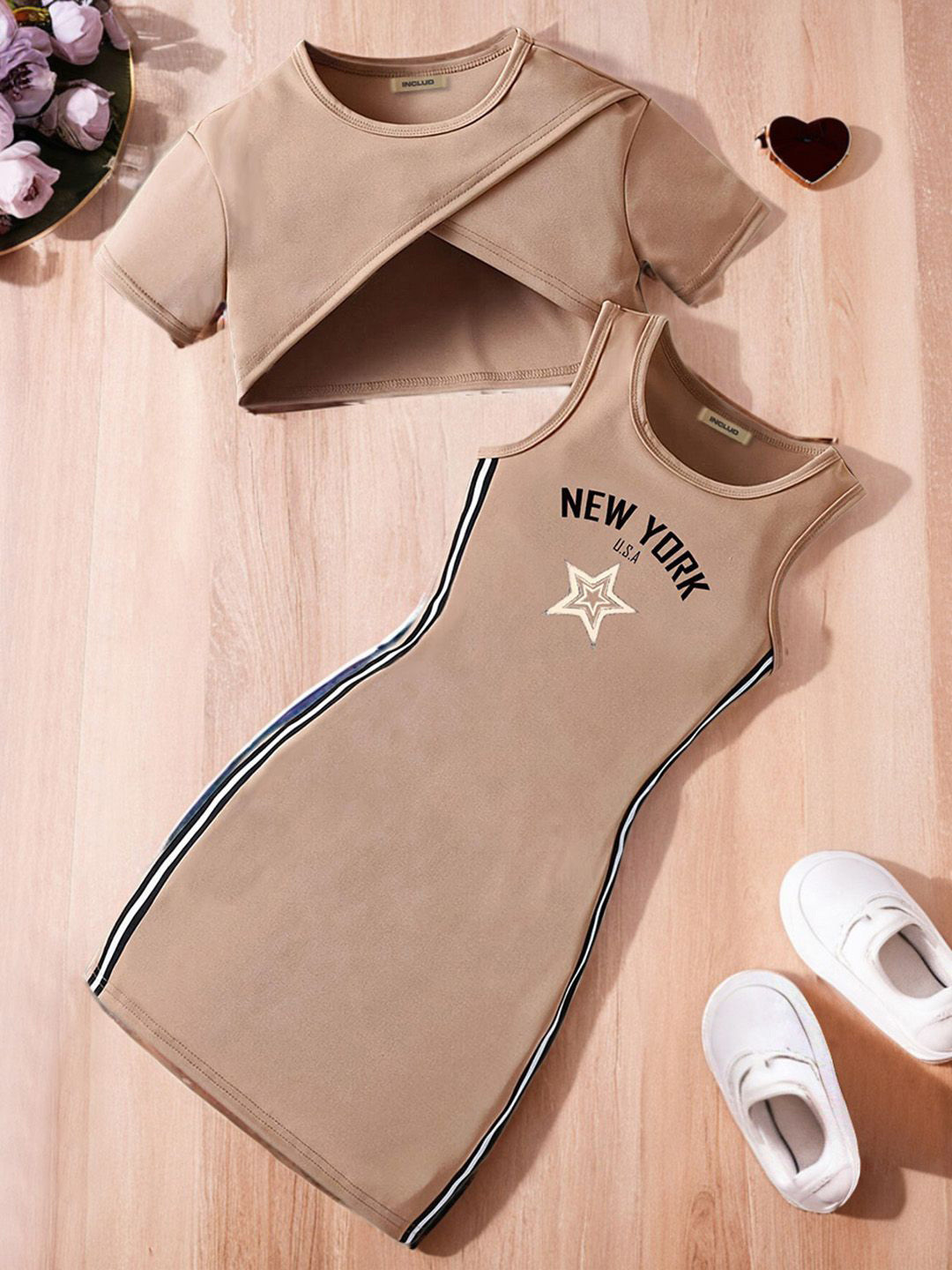 INCLUD Girls Typographic Printed Bodycon Dress With Short Sleeves Crop Top