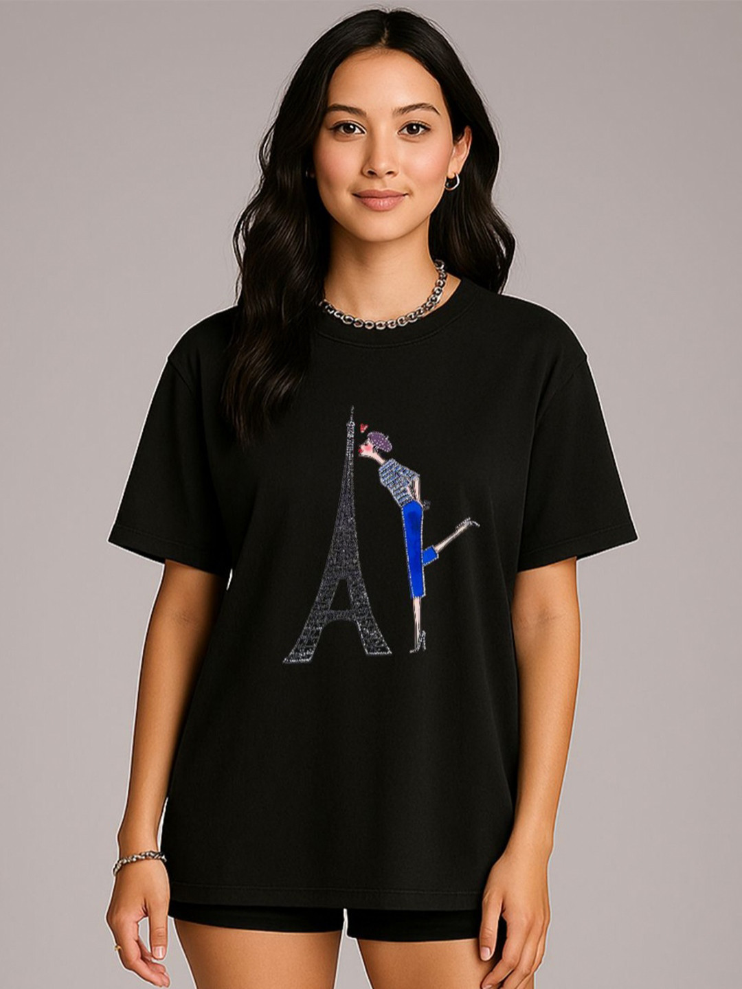 GRACE & JACK Eiffel Kiss 3D Graphic Printed Diamond Embellishments Cotton T-shirt