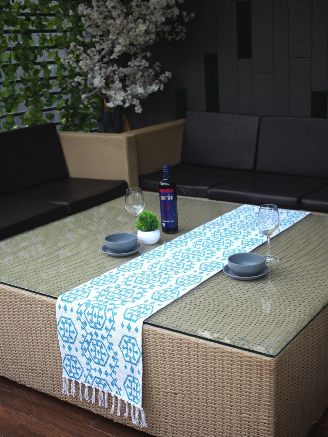 INDIAN HOME FAB Blue & White Rectangular Table Runner