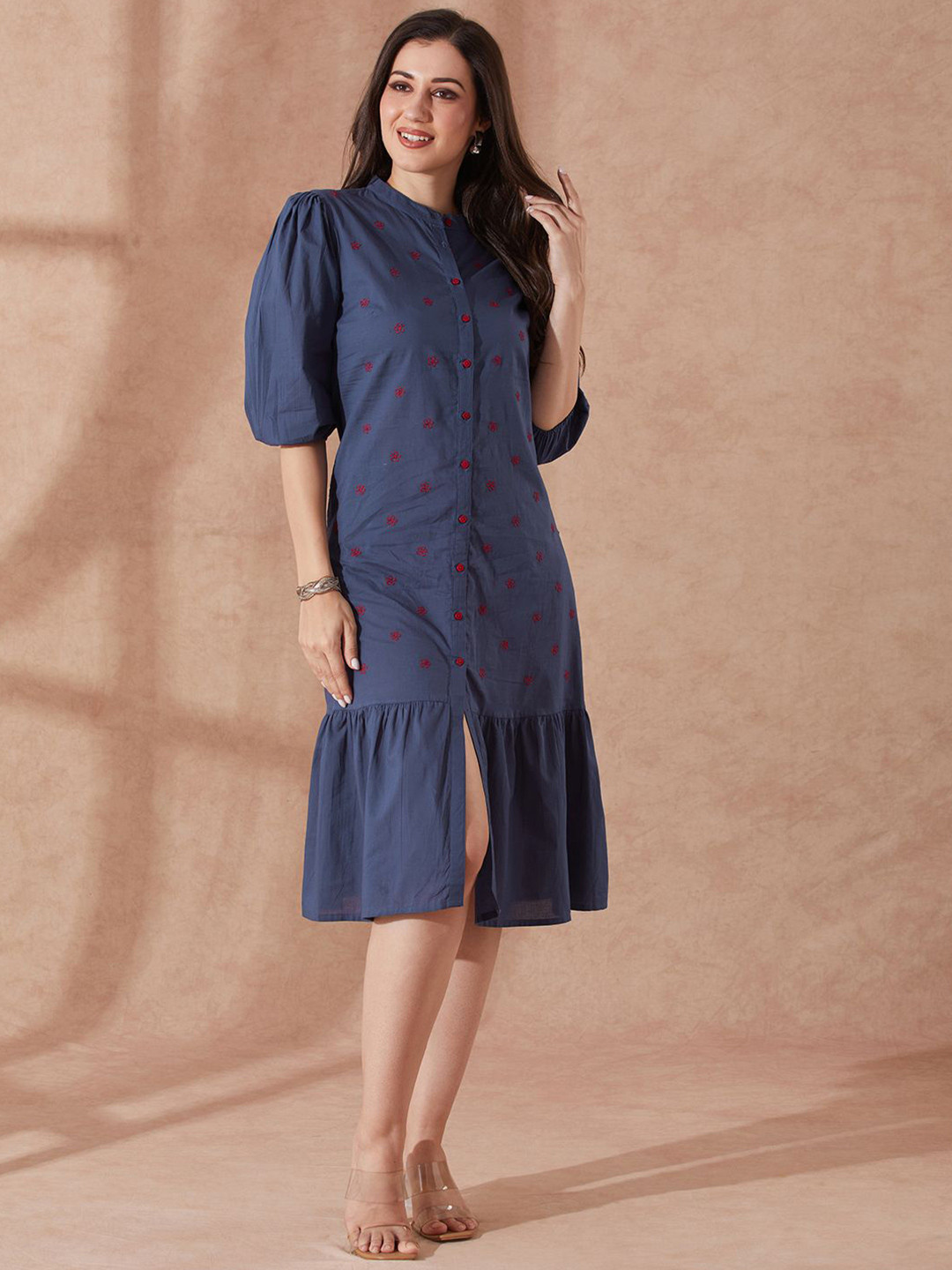 Globus Round Neck Puff Sleeves Floral Embroidered Tiered Flared Hem Midi A-Line Dress