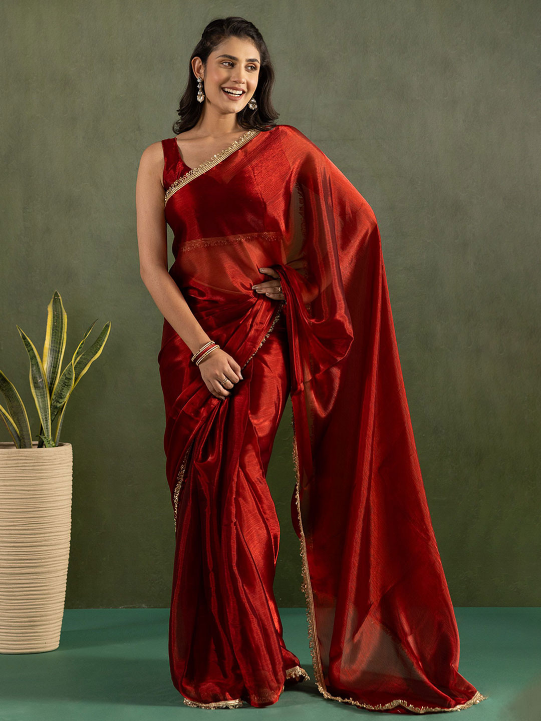 HERE&NOW Embroidered Pure Chiffon Saree Ready to Wear Saree