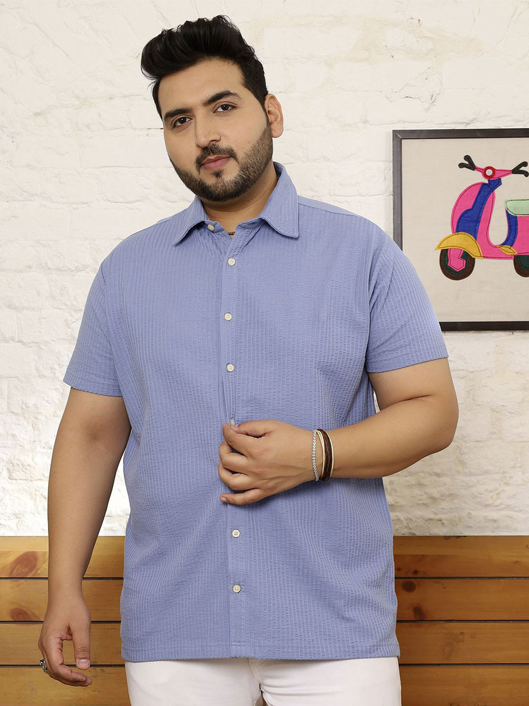 bigbanana Plus Size Textured Spread Collar Wrinkle Free Pure Cotton Shirt