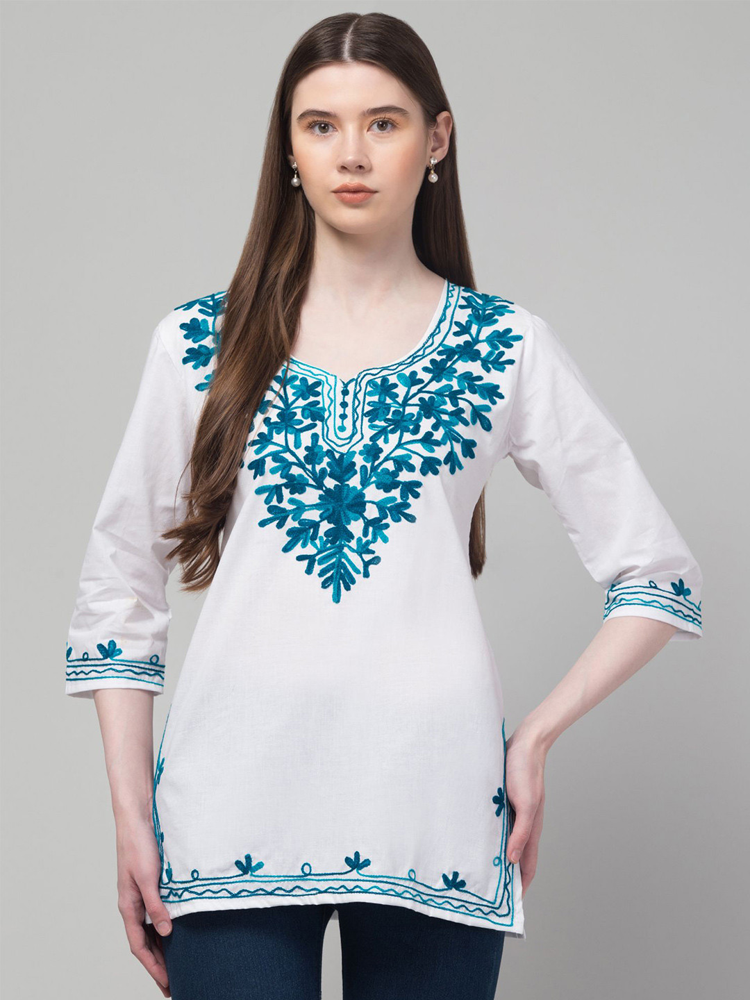 CROWN KING Ethnic Motifs Embroidered Thread Work Pure Cotton Thread Work Kurti