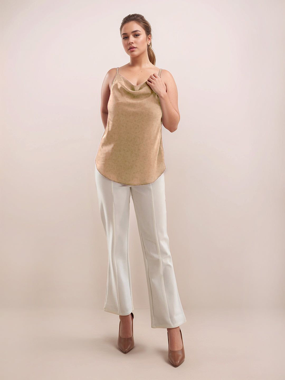 Zink London Women Beige Self Design Cowl Neck Shoulder Straps V-Blouses & Tops