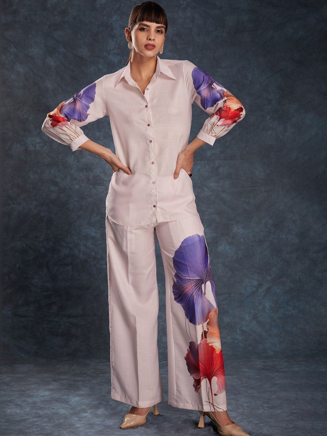 ODETTE Light Pink Linen Printed Stitched Co-Ord Set