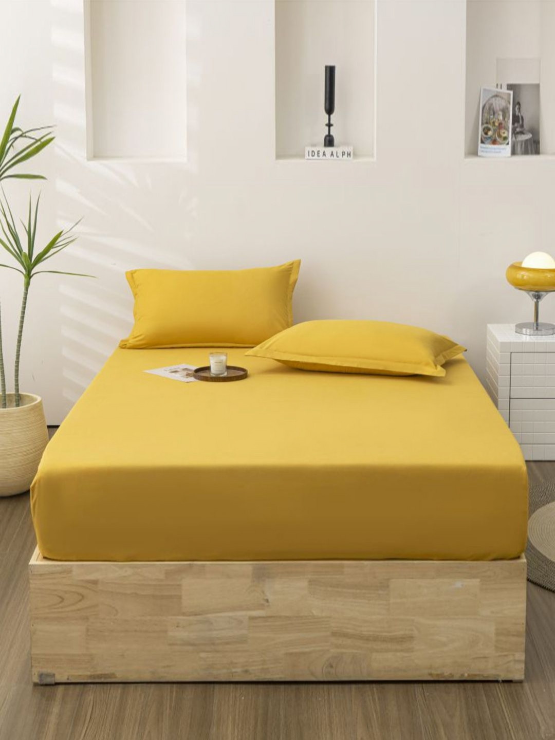 JC HOME Mughal Yellow Polycotton 140 TC Fitted Double Bedsheet with a Pillow Cover-47 x 79 inches