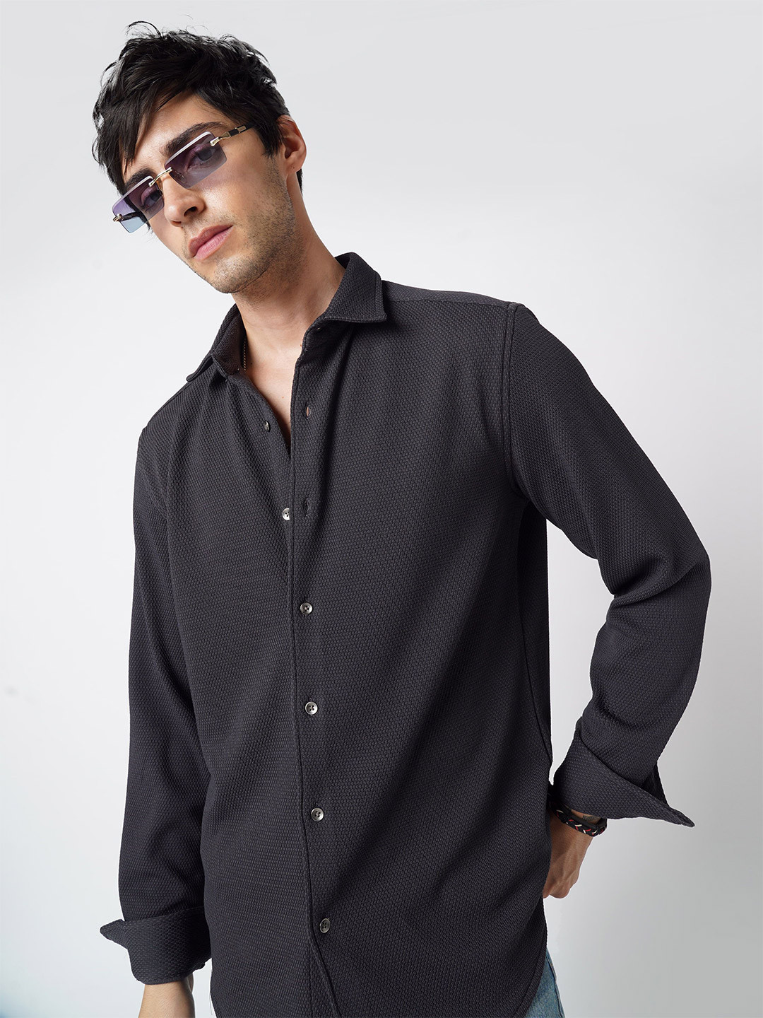 VASTRADO Men Grey Textured Knitted Shirt