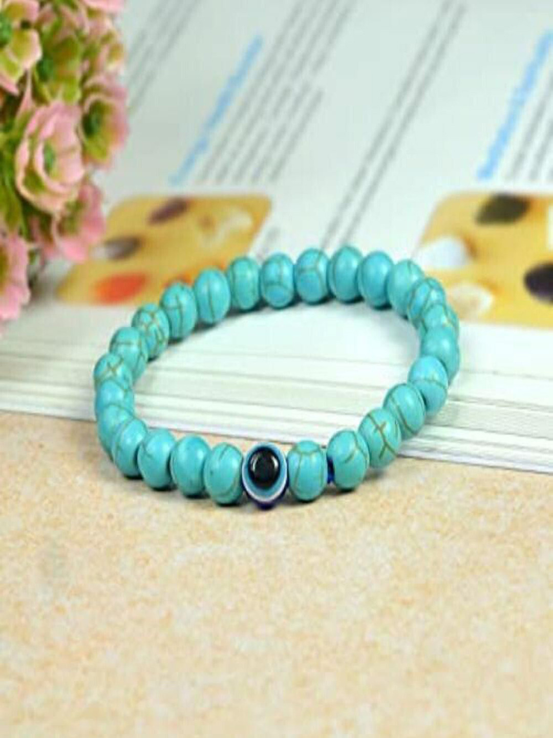 Sukhad Turquoise Stone Beaded Evil Eye Elasticated Bracelet