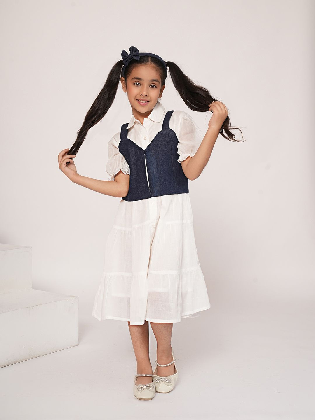 ADORNIA Puff Sleeve Fit & Flare Cotton Dress With Denim Jacket