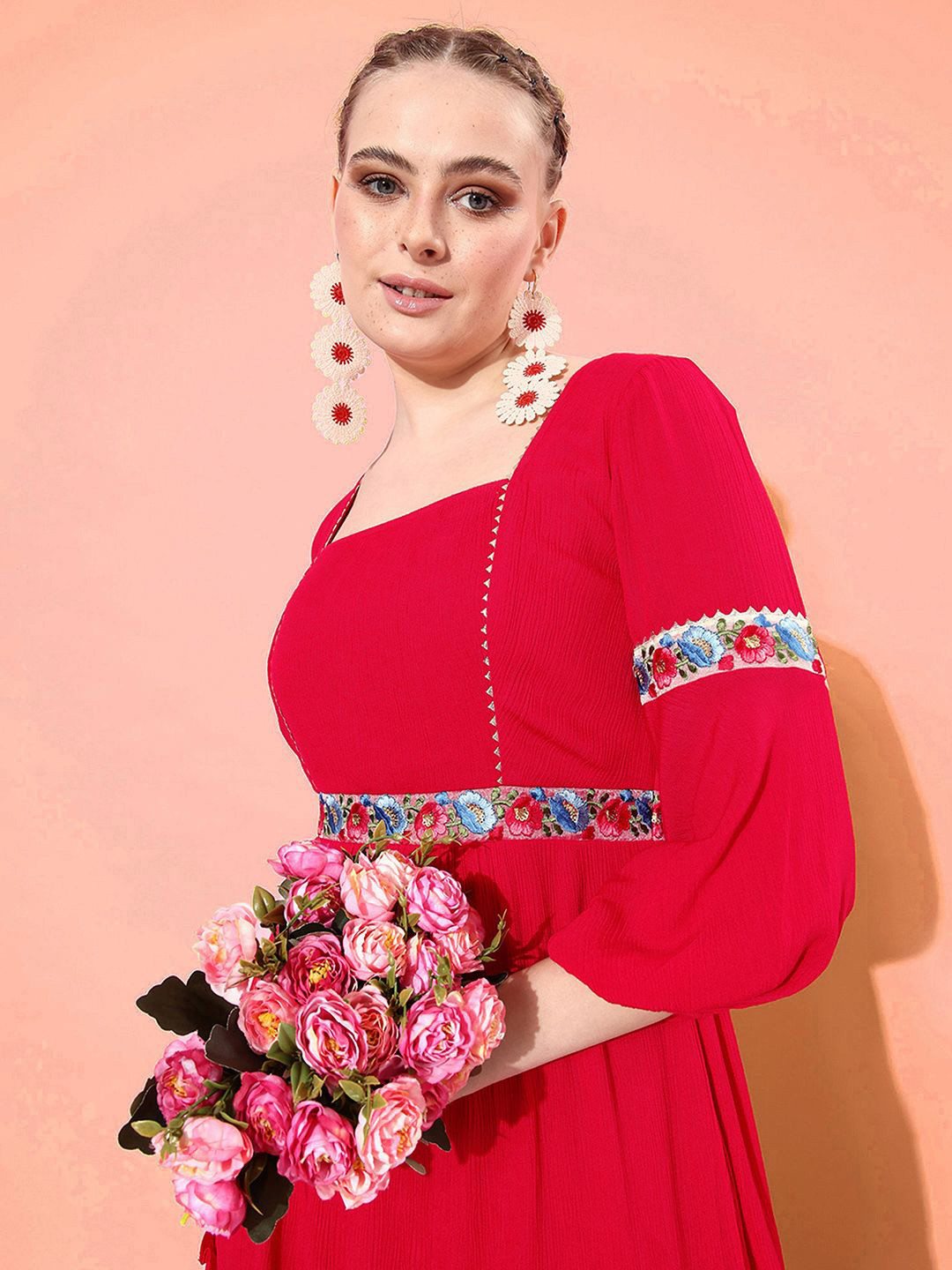 all about you Women Square Neck Embroidered Fit & Flare Dress