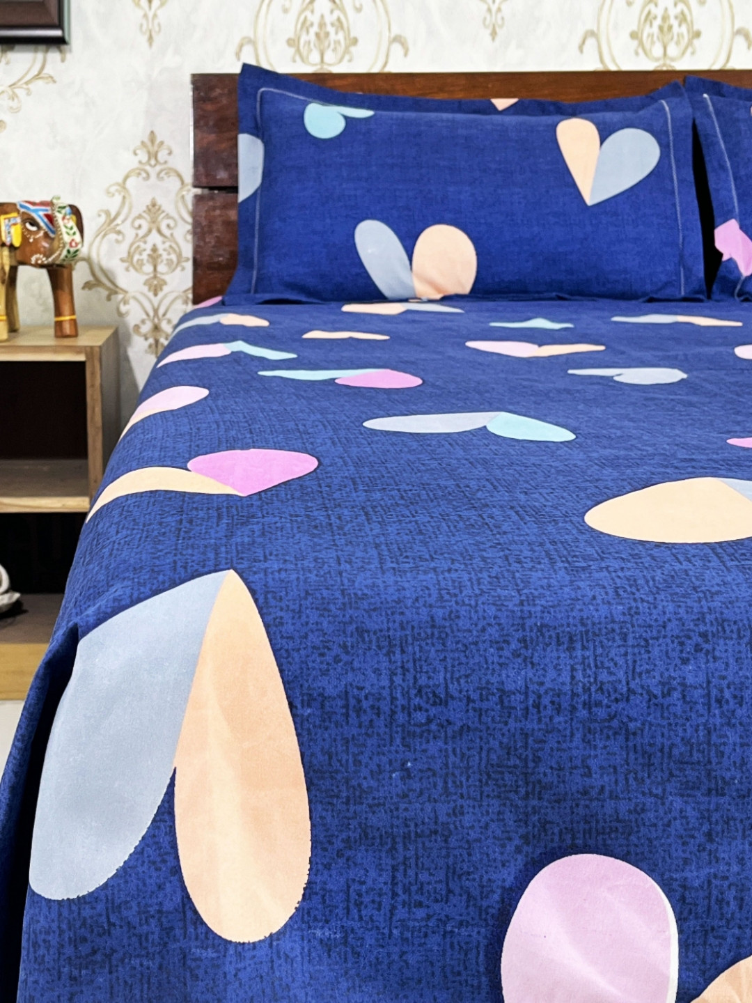 Marika Blue Graphic Cotton Breathable 180 TC King Fine Bedsheet with 2 Pillow Covers-90 x 100 inches