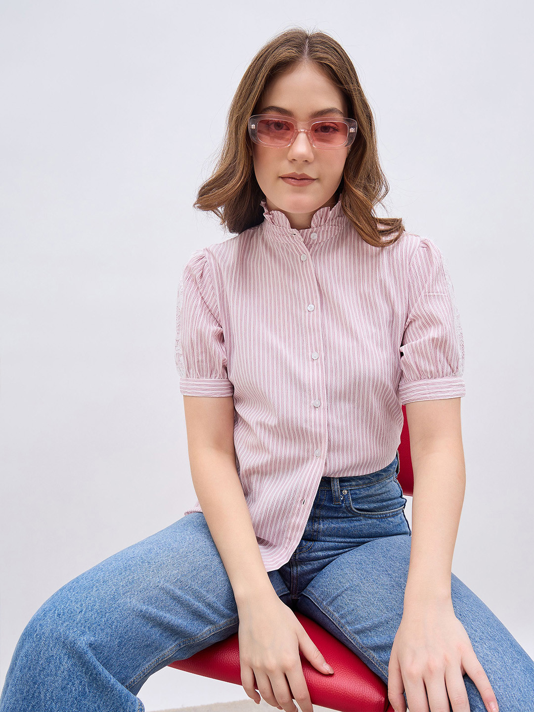 Styli Women Striped Ruffle Collar Puffed Sleeves Casual Shirt