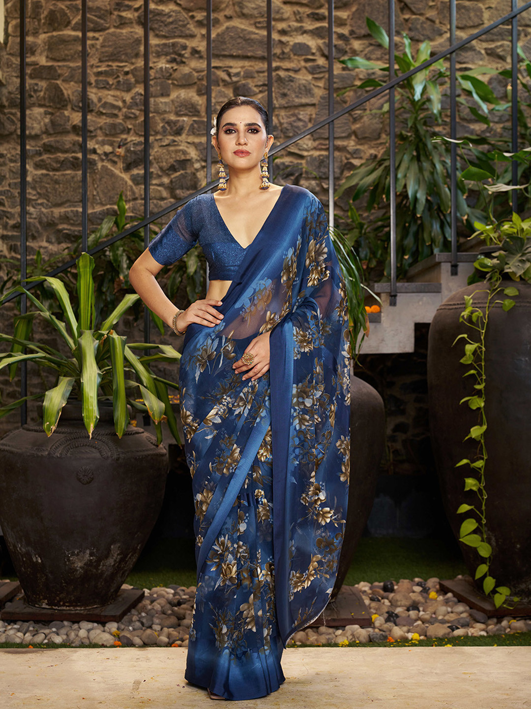 SANJANA SILK Floral Satin Bagh Saree
