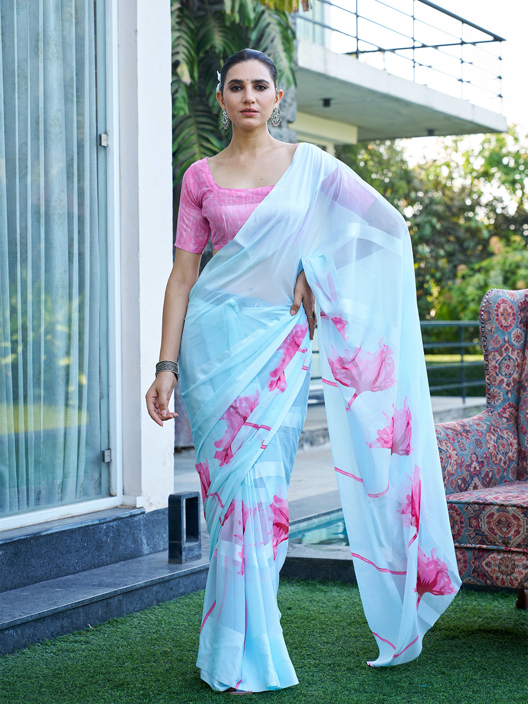 SANJANA SILK Floral Satin Bagh Saree