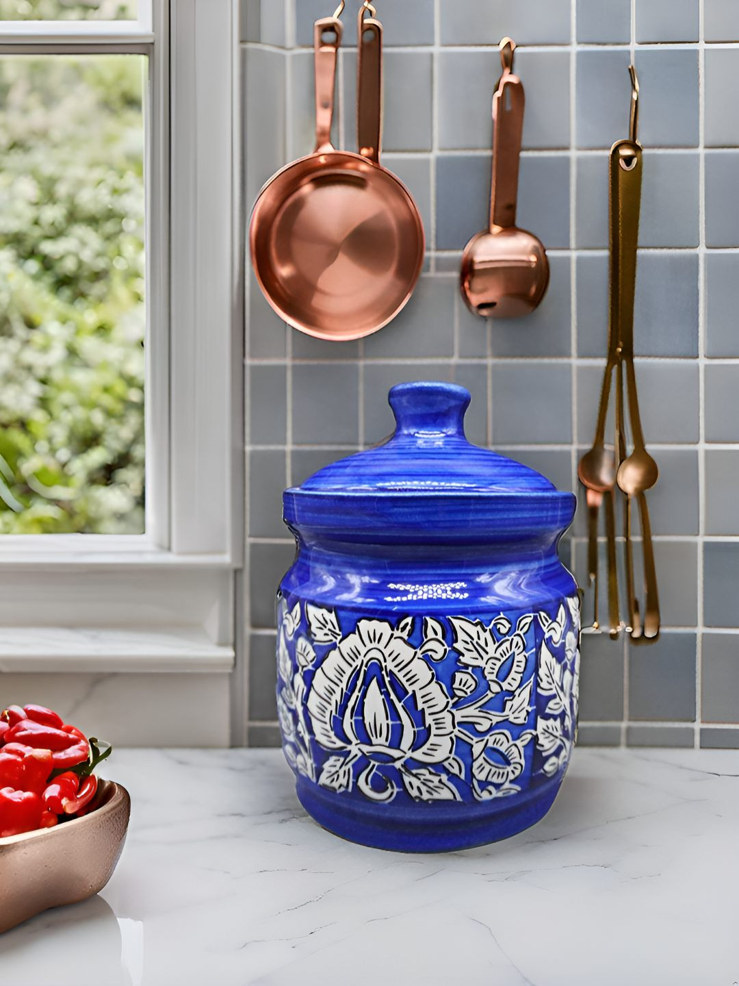 Kraftlik Handicraft 19-Pj1-Ncm1 Blue Floral Ceramic Easy To Clean Clip-On Canister-1L