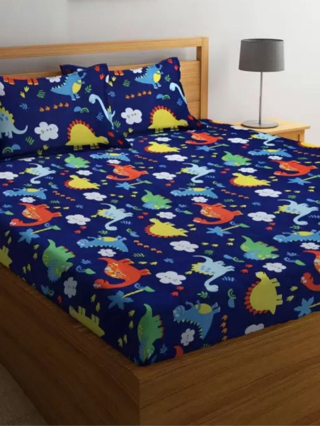 Famyo Bedroom Collection Blue Cartoon Characters Cotton 300 TC Fitted King Fine Bedsheet with 2 Pillow Covers-72 x 78 inches