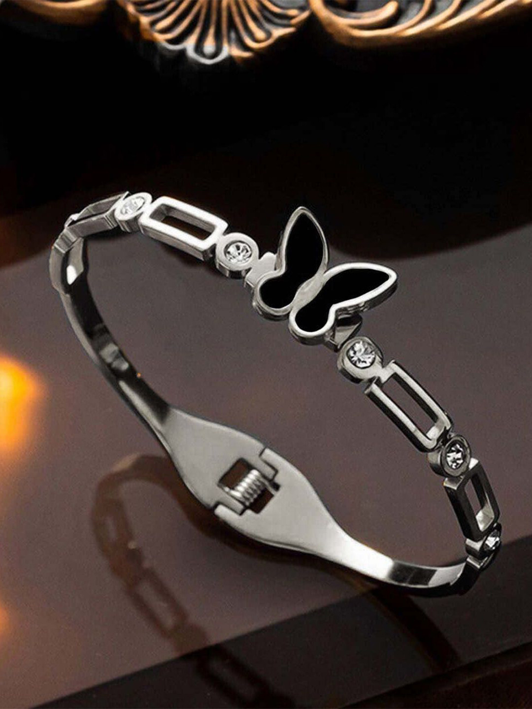 Stylewell Stainless Steel Artificial Stones Studded 3D Butterfly Bangle-Style Bracelet