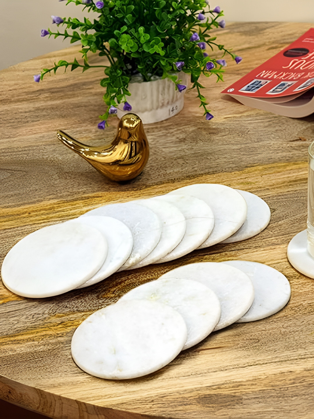 Little Extra 12Pcs White Printed Marble Round Non-Slip Super-Slim Coasters