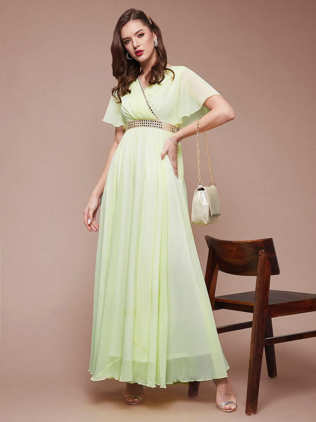 all about you Women Cape Sleeve Georgette Fit & Flare Maxi Dress