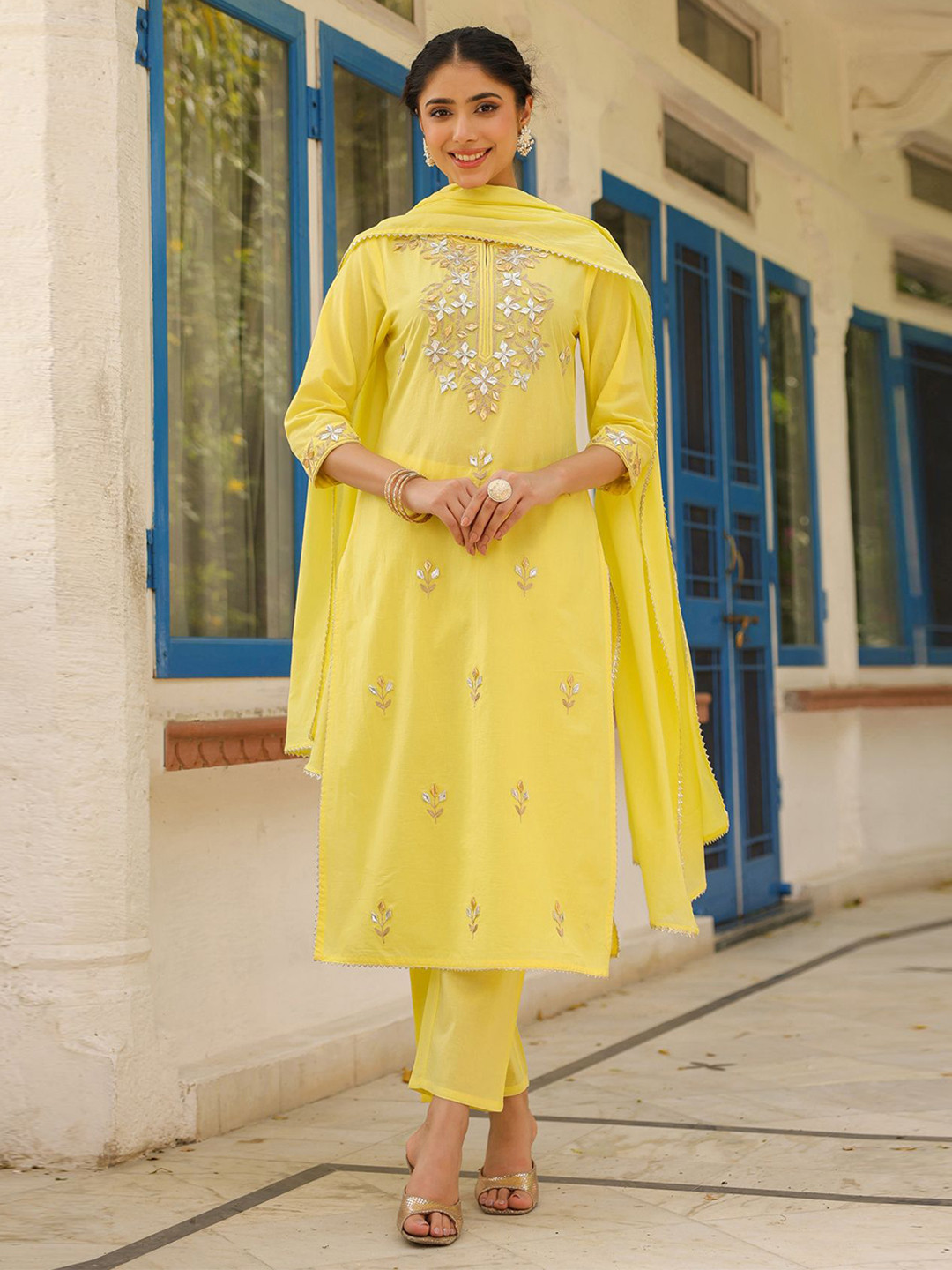 SCAKHI Women Cotton Cambric Gota Patti Embroidered Straight Suit Set