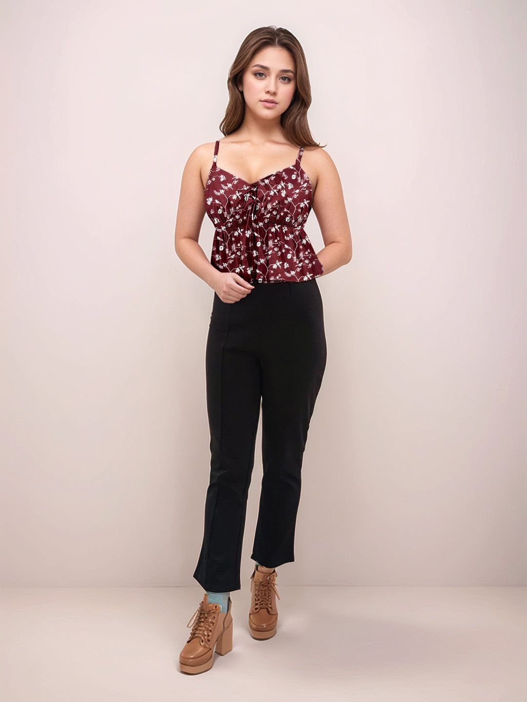 Zink London Maroon Floral Printed Shoulder Straps Peplum Tops