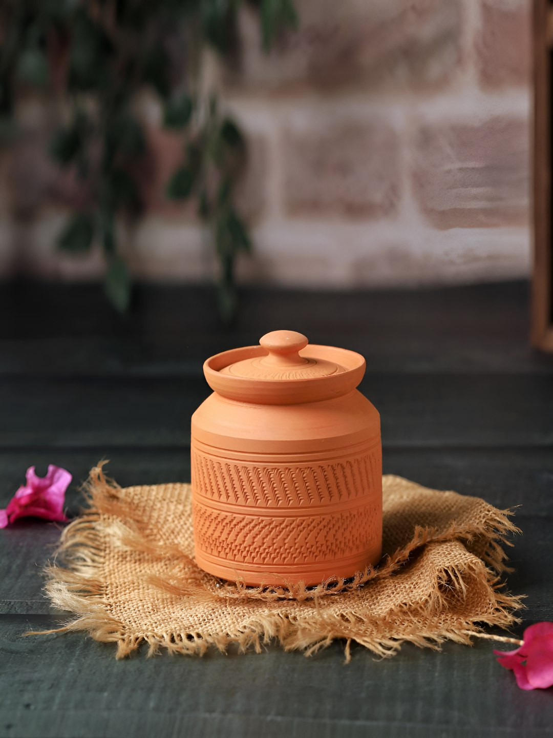 The Handicraftian Nawabi Sugar Pot Red Terracotta Microwave Safe Flip Top Canister