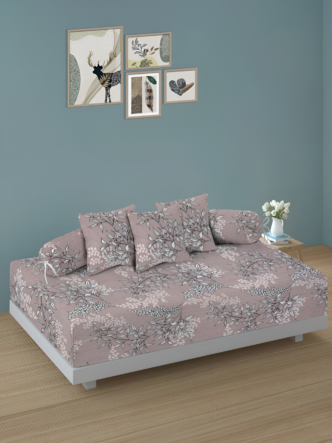 Arrabi 6Pcs Brown & White Floral-Printed Skin-Friendly Superfine Quality Diwan Set