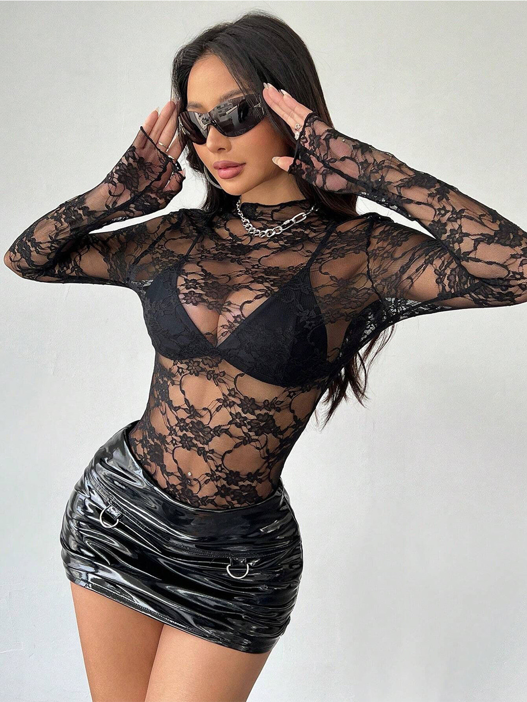 bebe Black Sheer Lace Mock Neck Long Sleeve Top