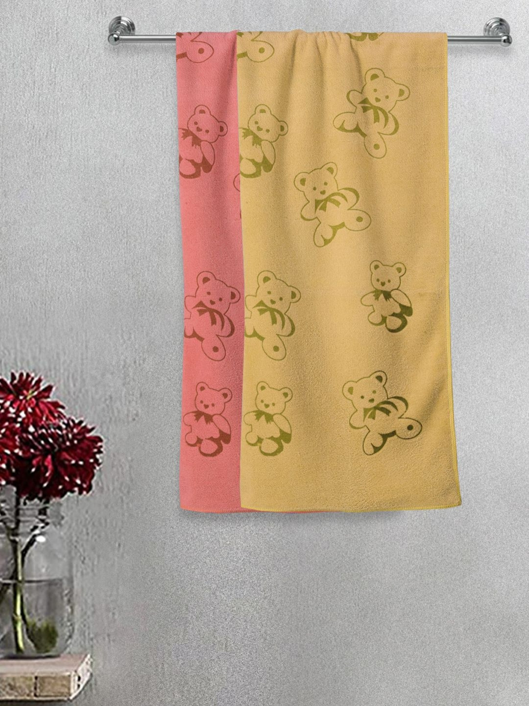 Myntra Elegant Homes Kids Pink & Beige 2 Pieces Printed Cotton 300 GSM Bath Towels