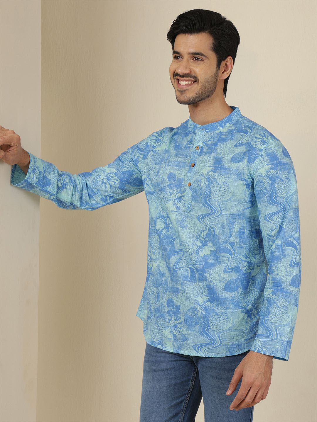 Anouk Rustic Floral Printed Mandarin Colllar Cotton Straight Kurta
