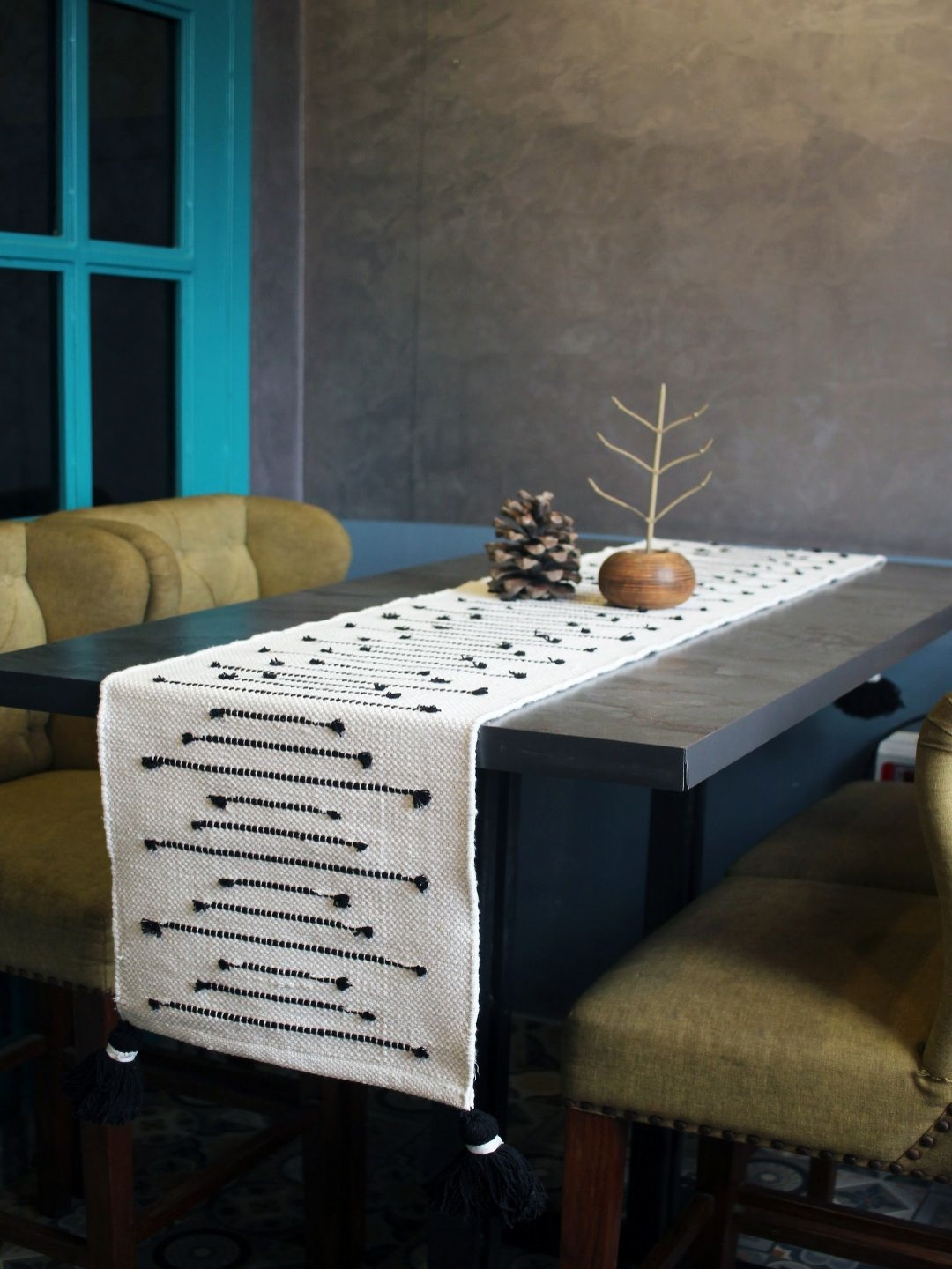 INDIAN HOME FAB Black & Beige Rectangular Table Runner