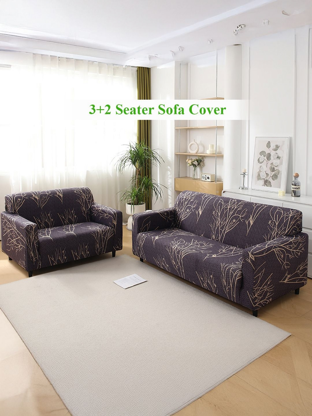 HOKIPO Dark Coffee Twigs Print 5 Seater Fully Covered Stretchable Sofa Cover