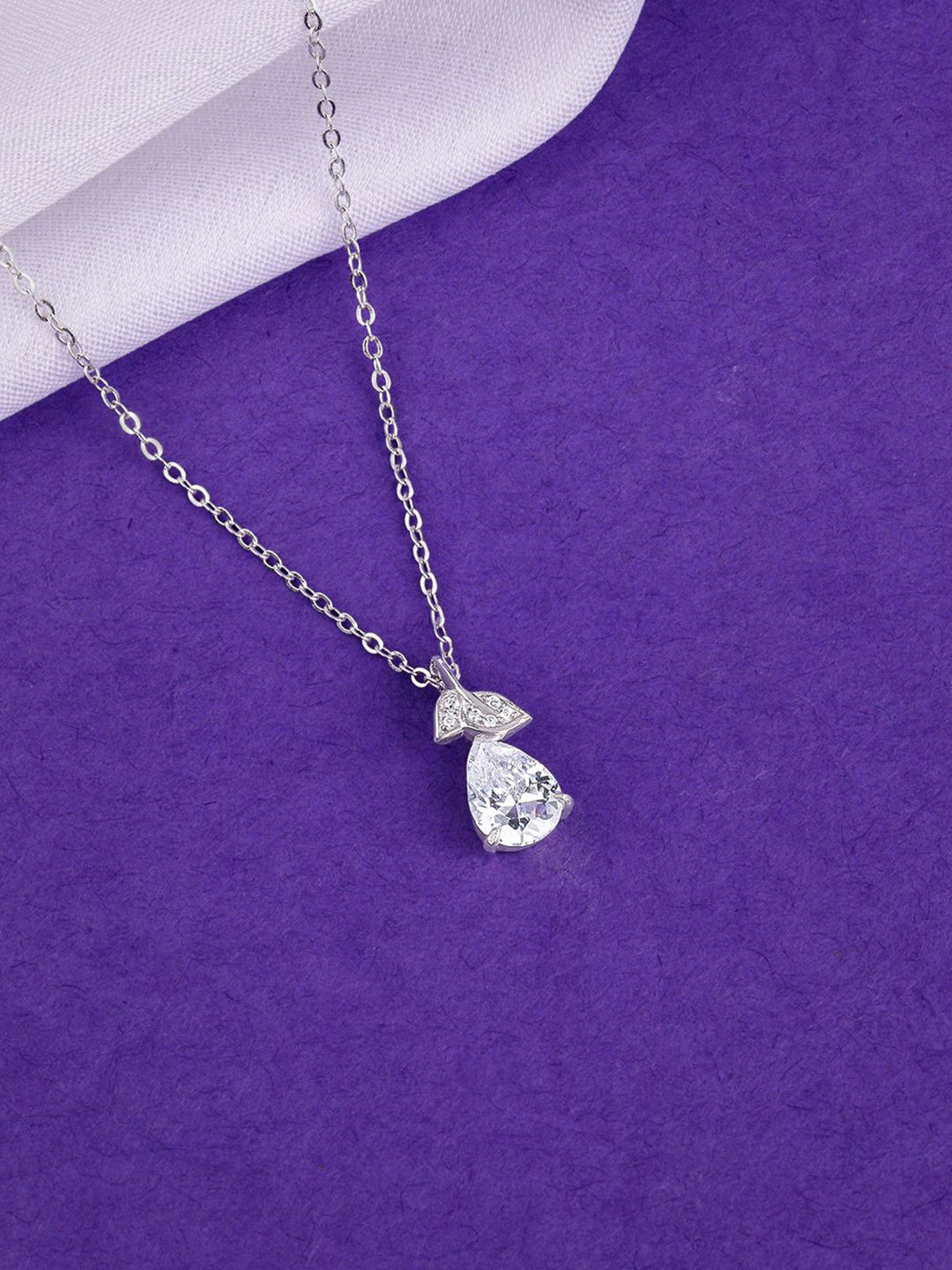 GIVA 925 Silver Rhodium-Plated  Leafy Teardrop Shaped Zircon Studded Pendant with Chain