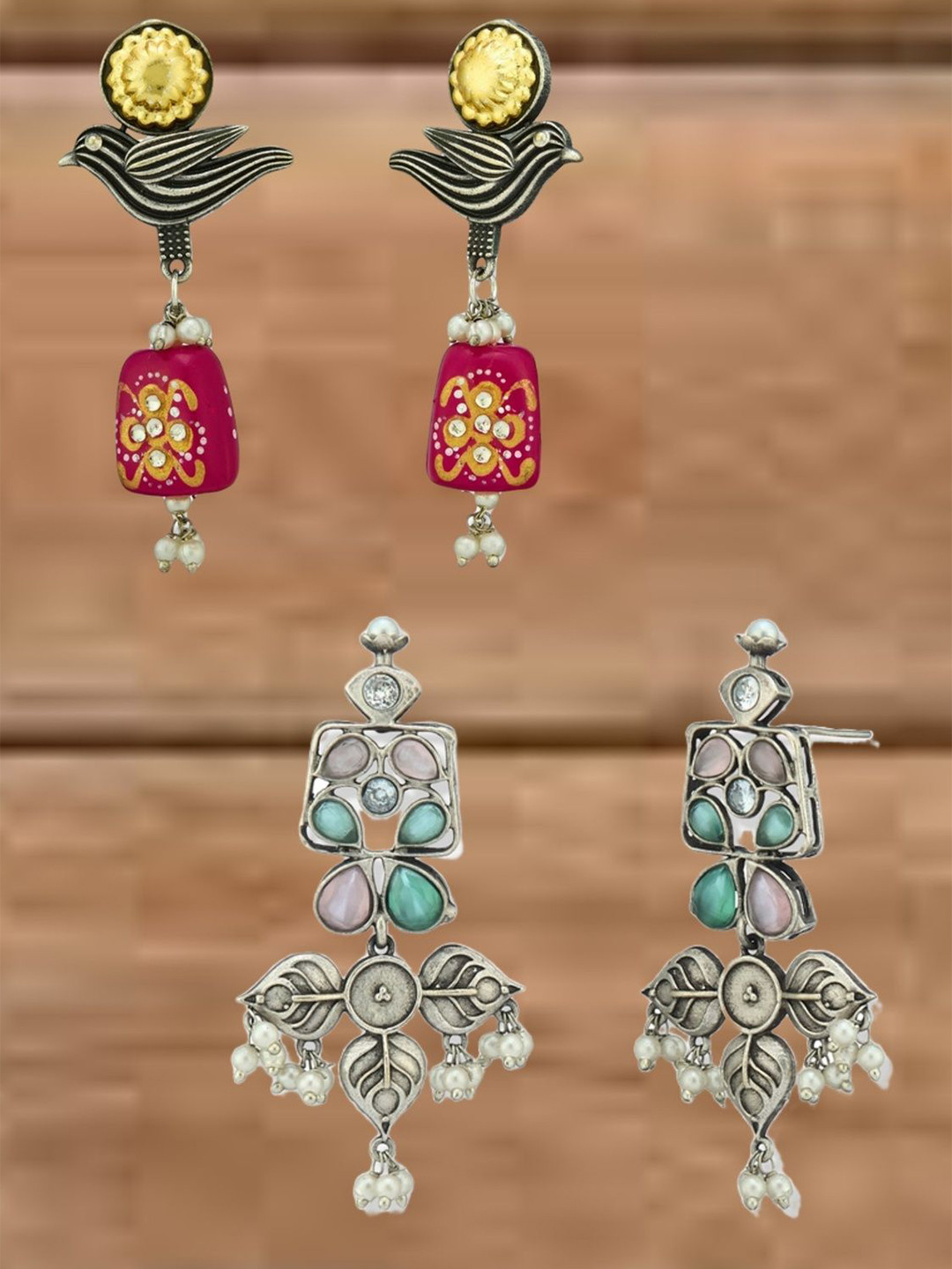 ATIBELLE Set Of  2 German Silver Plated Kundan Studded Contemporary Shape Drop Earrings