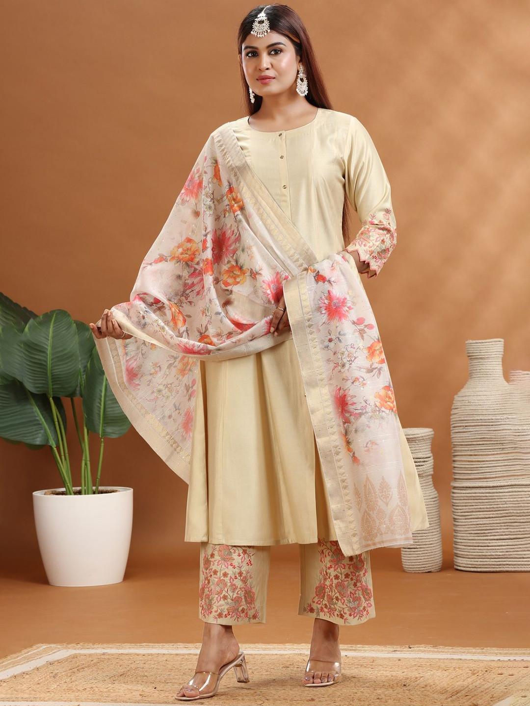 COTTON CULTURE Women Cream Soft Silk A Line Embroidered Kurta Pants and Dupatta Set