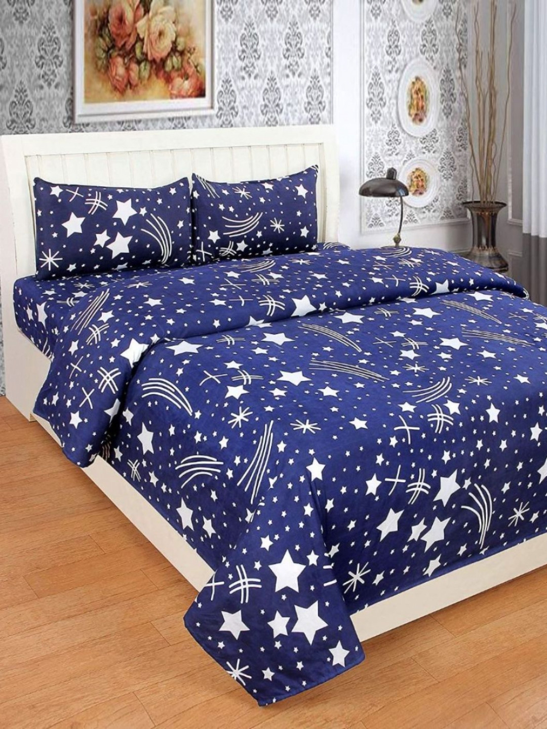 Aura Blue Conversational Microfiber Anti-Microbial 144 TC King Bedsheet with 2 Pillow Covers-89 x 89 inches