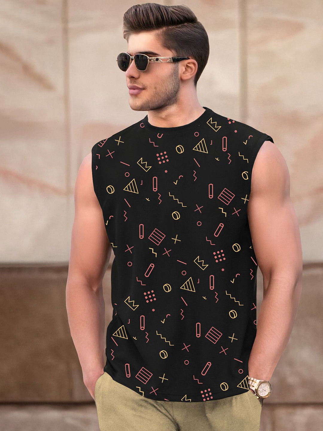 TRIPR Geometric Graphic Round Neck Sleeveless T-shirt