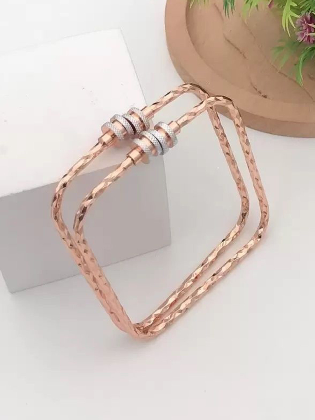 DIMIKI Rose Gold-Plated American Diamond Studded Square Cuff Bracelet