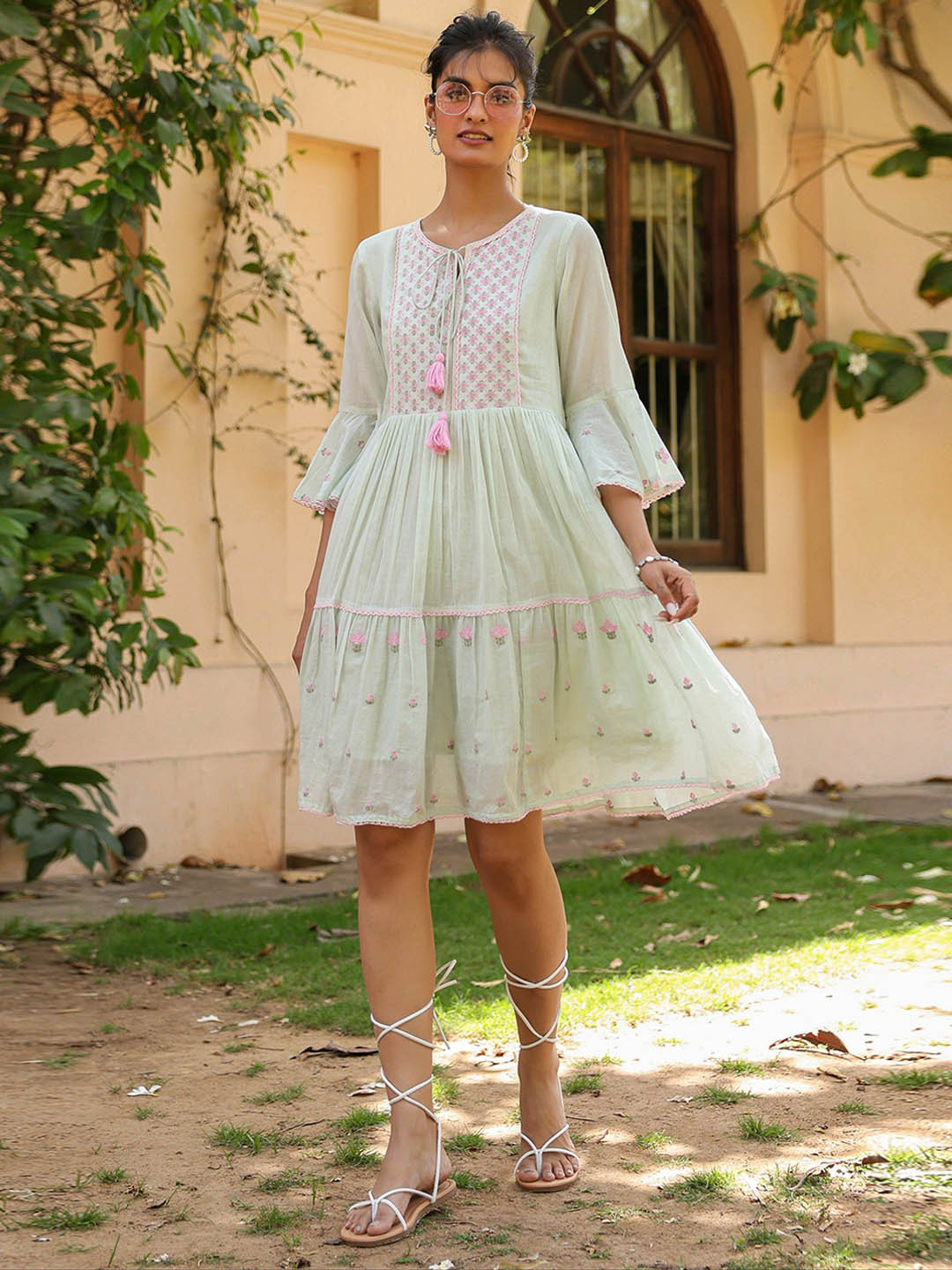 Pistagreen Cotton Mulmul Embroidered Midi Ethnic Dress