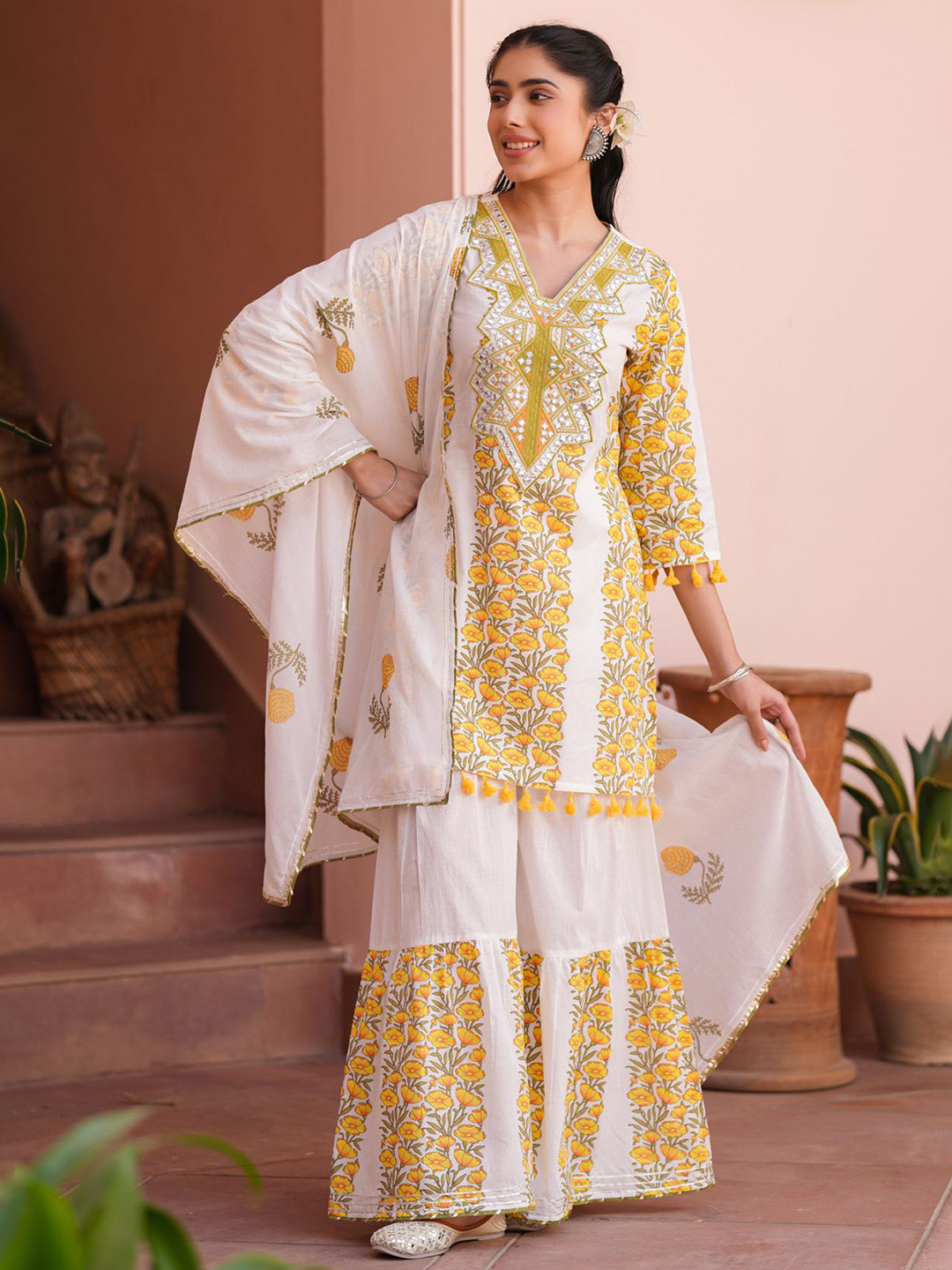 SCAKHI Women Yellow Cotton Block-Printed Embroidered Sharara Set