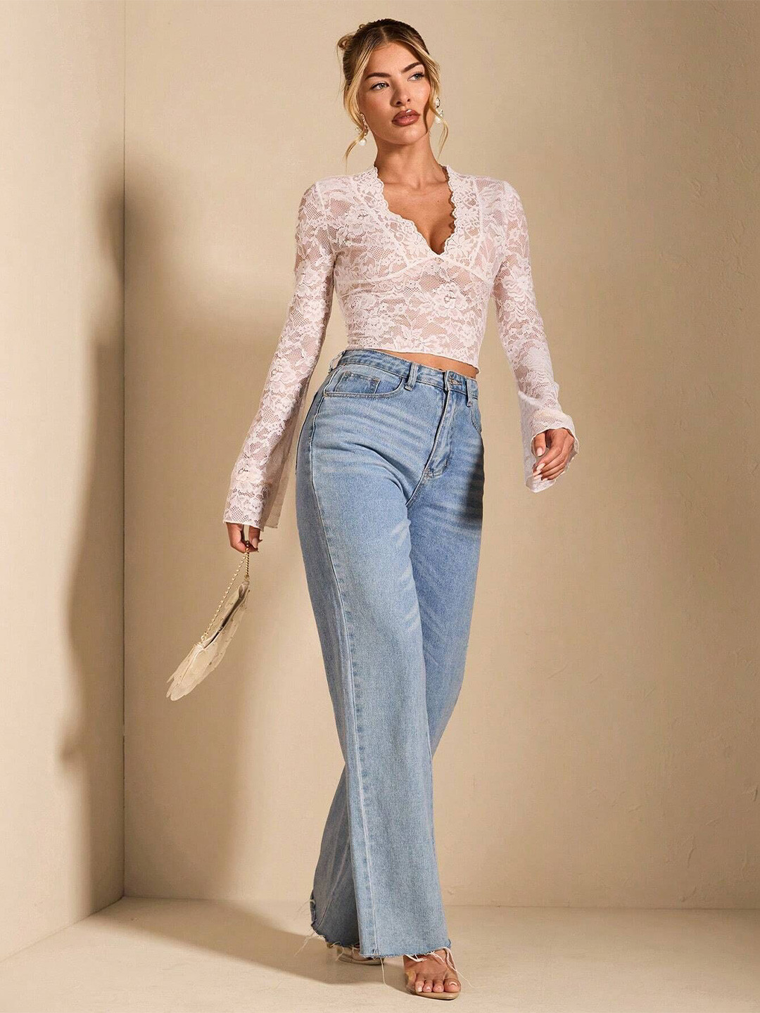 bebe White Sheer Lace Scallop V-Neck Bell Sleeve Crop Top