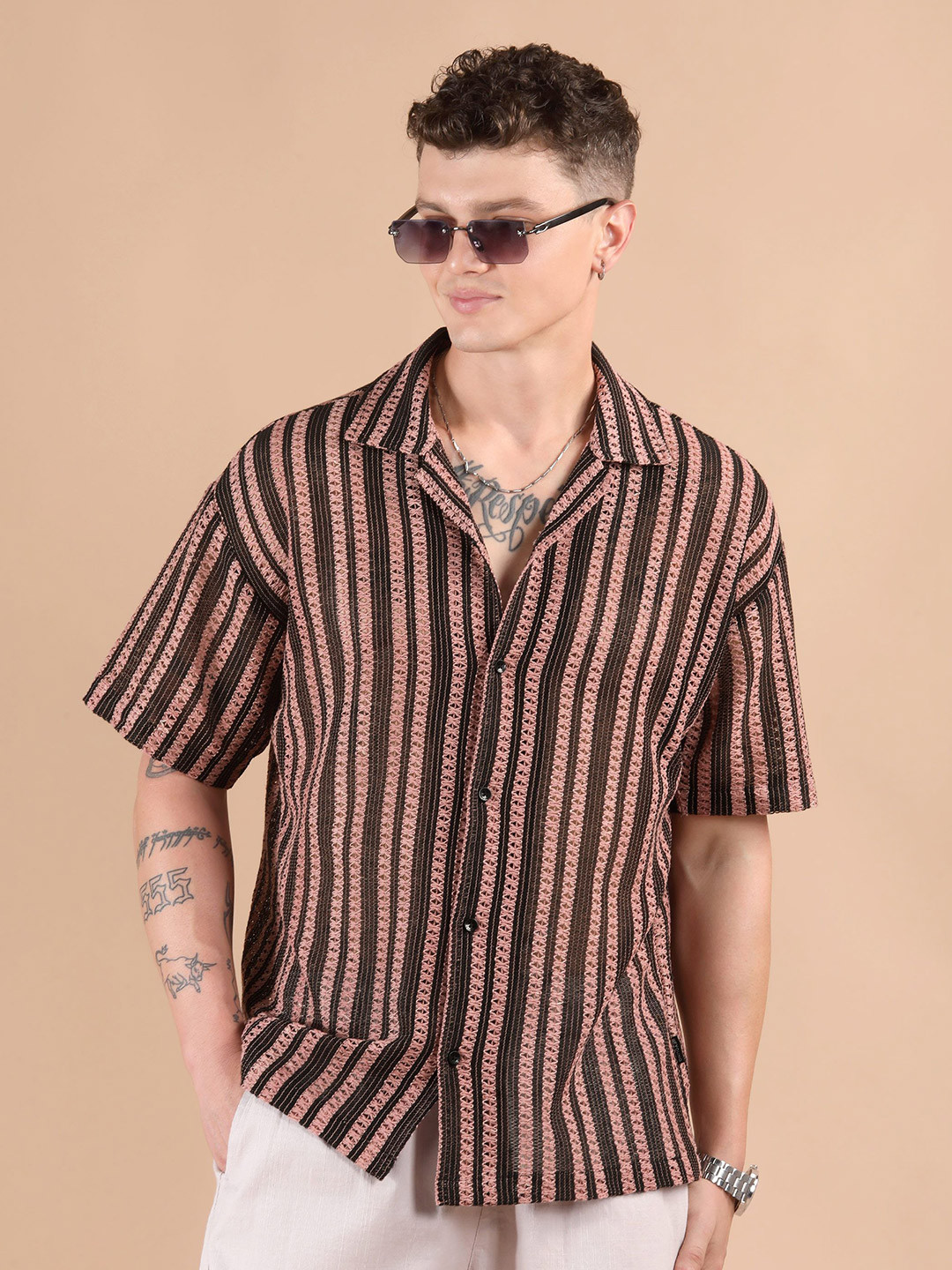 Beyoung Vertical Striped Crochet Short Sleeves Cotton Shirt