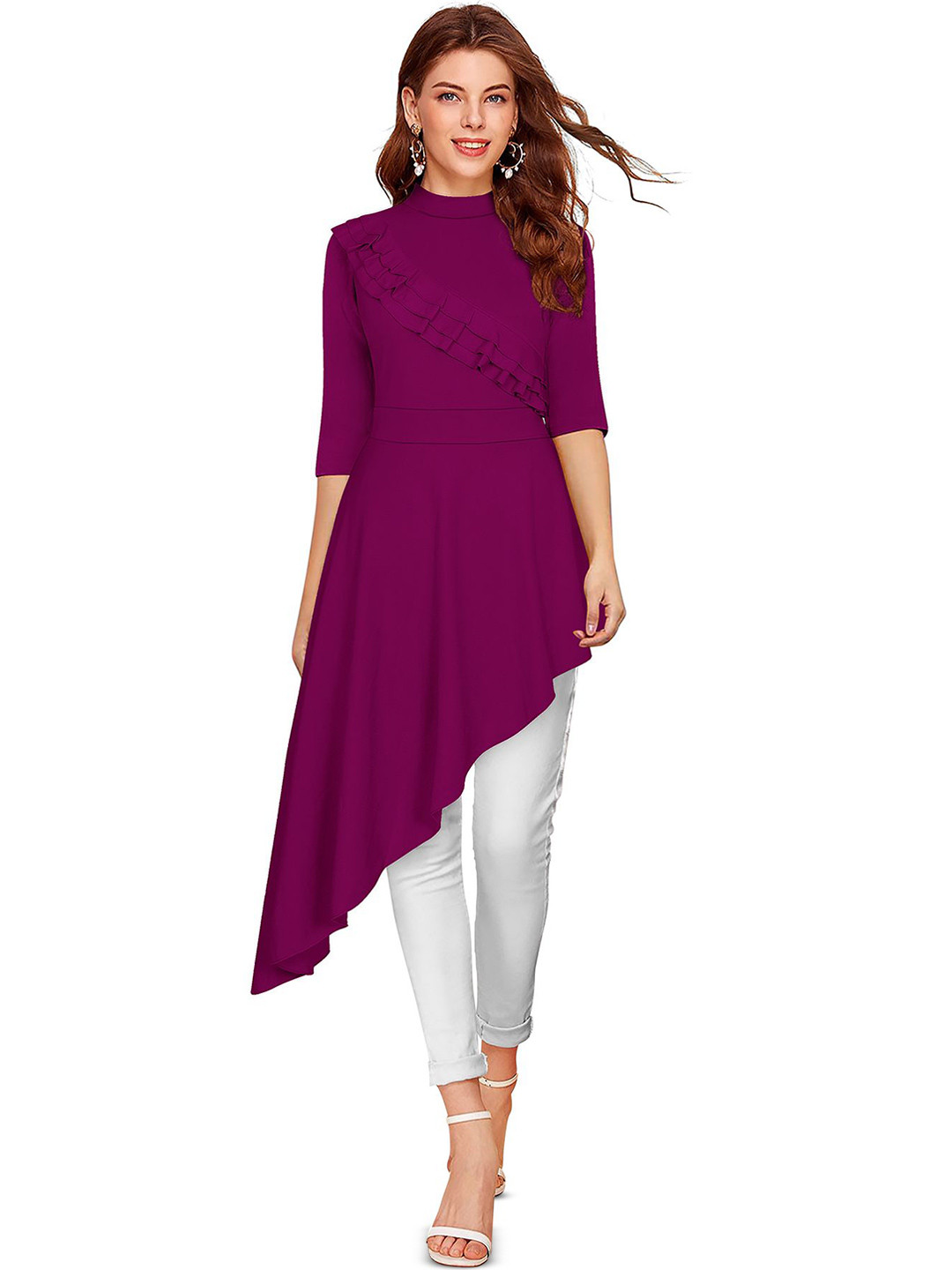 KREADAA Women Solid Round neck High-Low Kurti