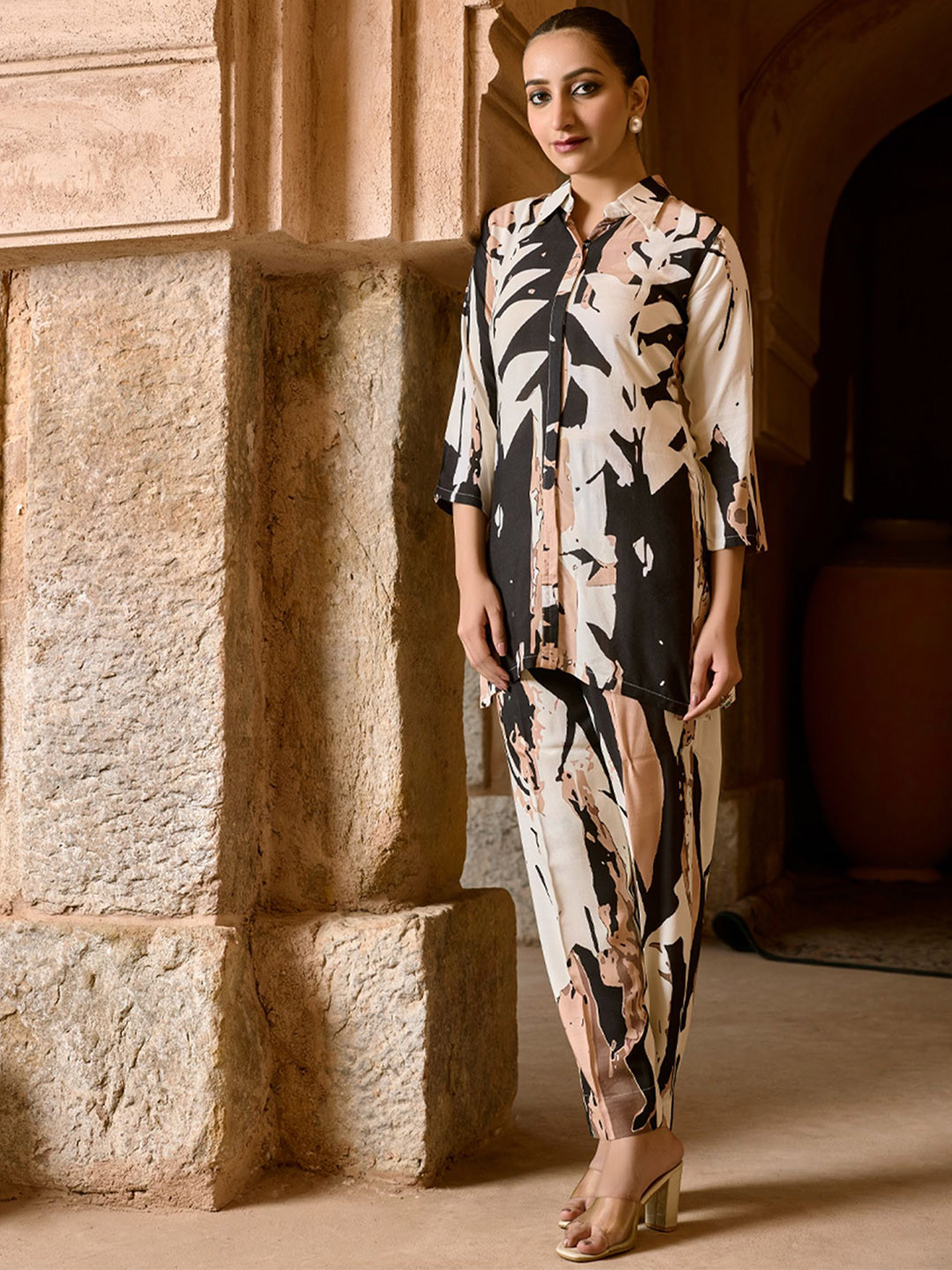 WOMEN PLUS Cream Digitally Printed Viscose Rayon Co-Ord Set