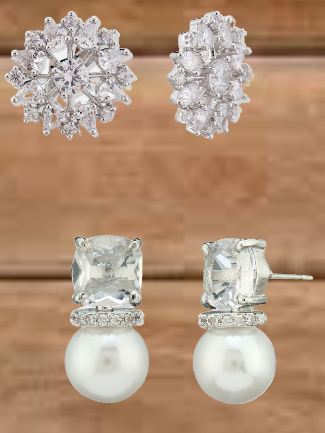 ATIBELLE Set Of  2 Silver Plated Cubic Zirconia Studded Geometric Shape Studs