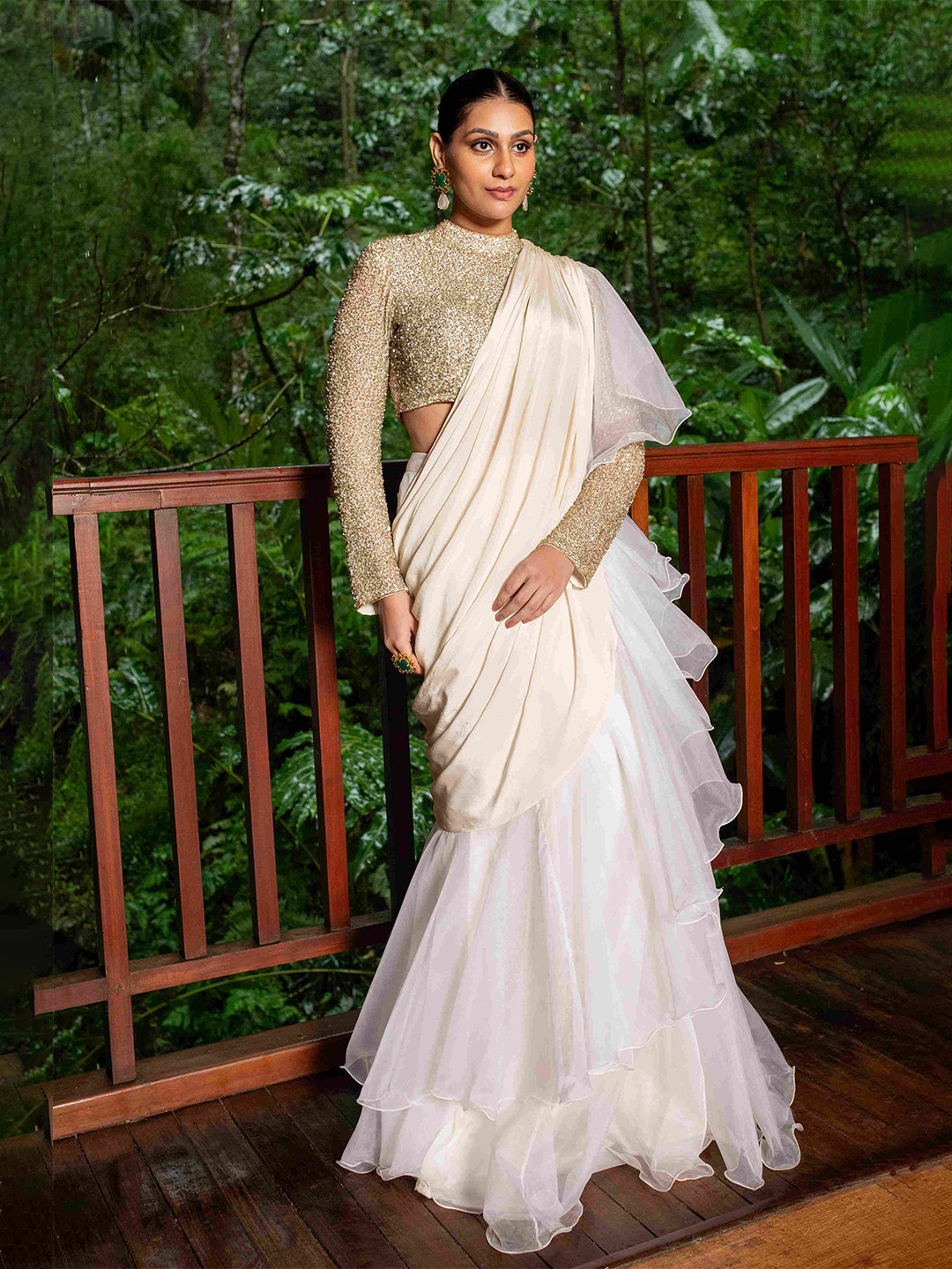 The Front Row Solid Pure Crepe Ruffles Ready To Wear Saree